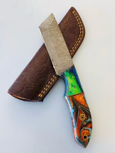 Custom Damascus Cleaver-Tanto Knife, Resin Handle, Mosaic Pin, Leather Sheath, Handmade