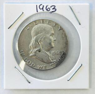 1963 Franklin Half Dollar, 90% Silver, Philadelphia Mint, Circulated, 12.5G, In 2x2 Holder