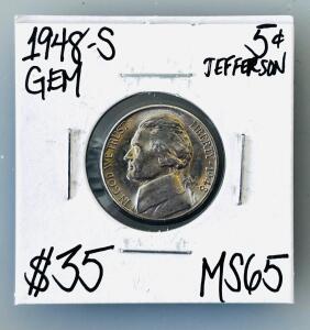 1948-S Jefferson Nickel MS65 GEM, San Francisco Mint, 5c, Monticello Reverse, Uncertified Holder