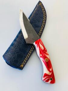 Custom Fixed Blade Knife With Textured O1 Tool Steel Blade And Red-White Swirl Handle