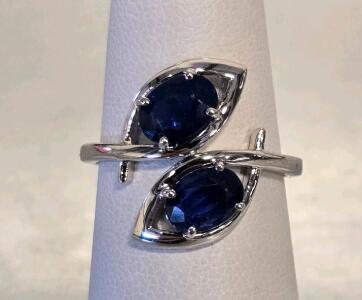 2.01ct Oval Blue Sapphires Dual Stone Ring, 3.46 Silver, Size 6.75, 4-Prong, Serial K16E2
