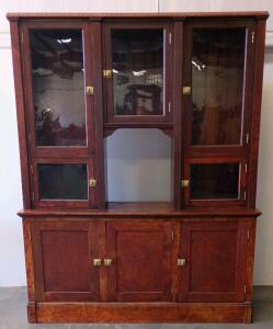 Large Solid Wood China Cabinet Hutch, 8 Doors, Brass Hardware, Glass Top, Central Display