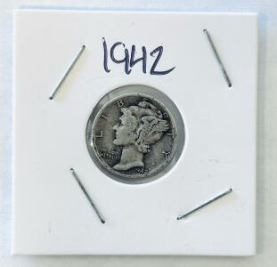 1942-S Mercury Dime, 90% Silver, San Francisco Mint, Circulated, Winged Liberty Head, 10&cent; Coin