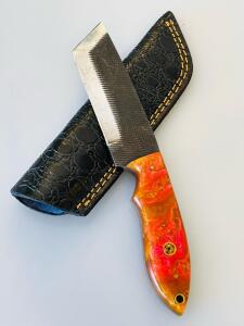 Custom Fixed-Blade Tanto Knife With Resin Handle And Leather Sheath