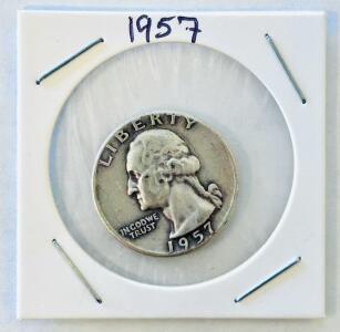 1957 Washington Quarter, 90% Silver, Philadelphia Mint, Circulated, Eagle Reverse