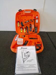 Paslode Cordless 16 Gauge Angled Finish Nailer Kit IM250A, Multiple Batteries, Charger, Nails, Case(powered on)