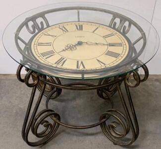 Linden Glass-Top Metal Accent Table With 30" Roman Numeral Clock Face, Bronze Finish