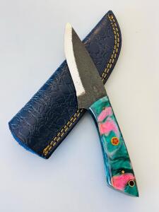 Handmade Drop-Point Knife, Textured High-Carbon Blade, Resin Handle, Mosaic Pin, Leather Sheath