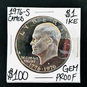 1976-S Eisenhower Bicentennial Dollar Coin, 40% Silver Proof, Cameo Finish