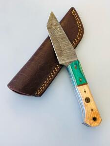 Custom Damascus Steel Fixed Blade Knife, 8.5" Overall, Mosaic Wood Handle, Leather Sheath