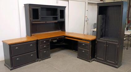 L-Shaped Executive Desk Set with Hutch, File Drawers, Storage Cabinet, Black/Wood Finish