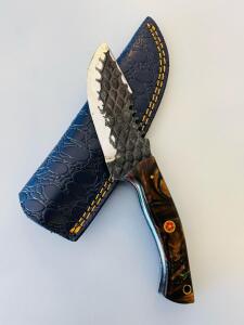 Custom Forged Fixed-Blade Knife &ndash; 4.5" High Carbon Blade, Mosaic Resin/Wood Handle, Blue Sheath