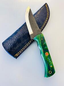 Custom Fixed Blade Knife, 4.5" File Steel Blade, Resin Handle, Mosaic Pin, Leather Sheath