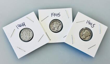 Set of Three U.S. Mercury Dimes, 1944 & 1945, 90% Silver, Circulated, Winged Liberty Head
