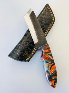 Custom Kiridashi-Style Fixed Blade Knife With Multicolored Resin Handle And Leather Sheath
