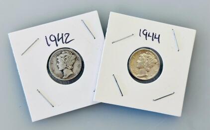 1942 & 1944 Mercury Dimes - 90% Silver, United States Mint, Circulated Condition