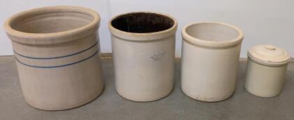 Large Vintage Stoneware Crocks Set &ndash; 12 Gal, 10 Gal, 6 Gal, 3 Gal &ndash; Blue Crown & Stripes, Lid