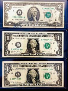 1976 $2 Bill FRN Richmond E28289329A & 2017 $1 Star Notes New York B00730434* San Francisco L08778136*