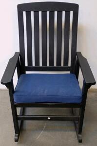 Traditional Black Wooden Rocking Chair With Blue Cushion, Slatted Back And Seat