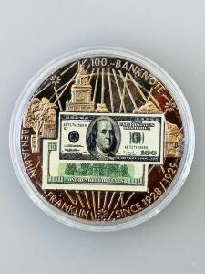 Benjamin Franklin $100 Banknote Commemorative Coin, 24k Gold-Layered, 50mm Diameter, 54g Weight