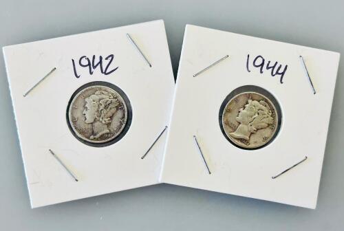 1942 & 1944 U.S. Mercury Dimes &ndash; 90% Silver, Winged Liberty Head, Circulated, 10&cent;