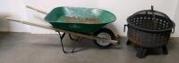 Round Steel Outdoor Fire Pit with Mesh Lid, Handles, and Lattice Airflow Design & Landscapers Wheelbarrow