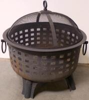 Round Steel Outdoor Fire Pit with Mesh Lid, Handles, and Lattice Airflow Design & Landscapers Wheelbarrow - 2