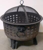 Round Steel Outdoor Fire Pit with Mesh Lid, Handles, and Lattice Airflow Design & Landscapers Wheelbarrow - 3