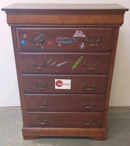Traditional 5-Drawer Wood Dresser, Medium Brown, Brass Handles,