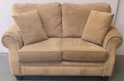 Beige Corduroy Loveseat Sofa, Rolled Arms, Removable Cushions, Includes Accent Pillows
