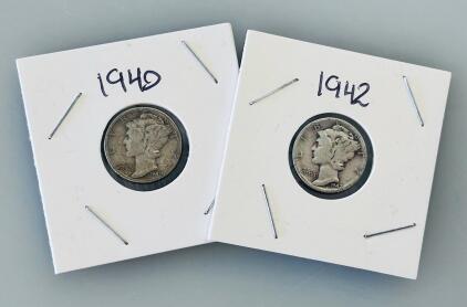 1940 & 1942 Mercury Dimes - US 90% Silver, Circulated Winged Liberty Head Coins