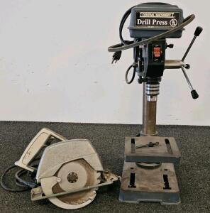 Pow-R-Mate 7" Circular Saw, 120V, Vintage USA, Metal Guard, Corded, 10-12A Motor Estimate - Confirmed Functional, Central Machinery 38119 Bench-Top Drill Press, 1/3 HP, 1/2" Chuck, 5-Speed, Accessories Included - Confirmed Functional
