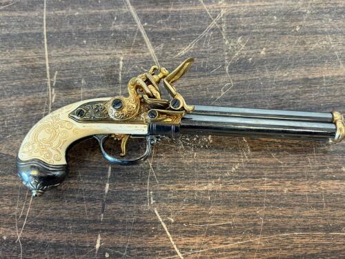 Ornate Flintlock Triple-Barrel Pepperbox Pistol Replica, Decorative Ivory-Grip, Gold Accents