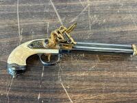 Ornate Flintlock Triple-Barrel Pepperbox Pistol Replica, Decorative Ivory-Grip, Gold Accents