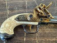 Ornate Flintlock Triple-Barrel Pepperbox Pistol Replica, Decorative Ivory-Grip, Gold Accents - 2