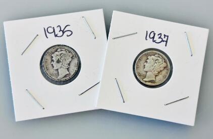 1935 & 1937 Mercury Dimes, 90% Silver, Winged Liberty Head, Circulated US Coins