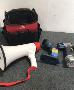 (1) Ryobi 18v 3/8&rdquo; Drill (1) Ryobi 18v Flashlight (1) NA Brand Megaphone (1) Husky Tool Bag