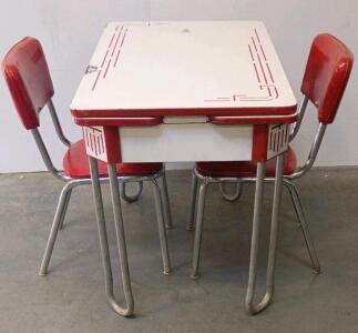 Vintage 1950s Chrome Dinette Set With Red Vinyl Chairs And Drop-Leaf Table