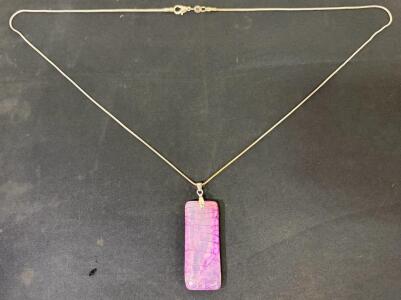 Rectangular Pink/Purple Crackle Dragon Vein Agate Pendant Necklace with Silver Snake Chain and Lobster Clasp