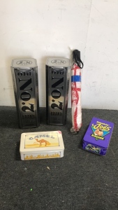 (2) Jack Daniels Metal Tins (2) Camel Cigarettes Metal Tins (1) Set Of Dominos (1) Umbrella