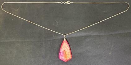 Pink Fire Dragon Vein Agate Pendant Necklace with Snake Chain and Lobster Clasp