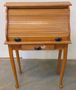 Small Oak Roll-Top Desk With Tambour Cover, Storage Drawers, Pigeonholes, Queen Anne Legs
