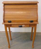 Small Oak Roll-Top Desk With Tambour Cover, Storage Drawers, Pigeonholes, Queen Anne Legs