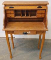 Small Oak Roll-Top Desk With Tambour Cover, Storage Drawers, Pigeonholes, Queen Anne Legs - 2