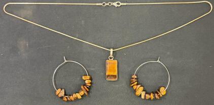 Tiger's Eye Stone Jewelry Set &ndash; Necklace with Pendant & Hoop Earrings