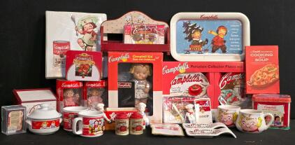 Extensive Campbell&rsquo;s Soup Kids Collectibles Lot&mdash;Dolls, Mugs, Plates, Tins, Cards, Books, More (Shelf G)