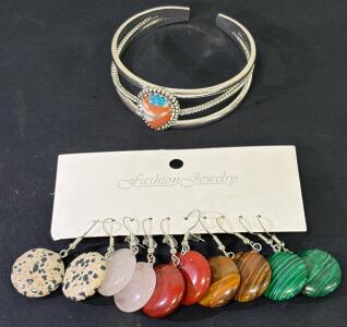 Fashion Jewelry Set: Silver-Tone Cuff Bracelet w/ Colorful Stone & 5 Pairs Natural Stone Earrings