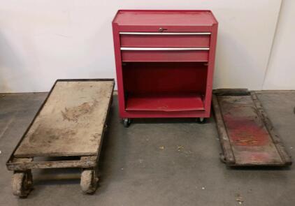 Rolling Red Tool Chest, Industrial Flat Dolly, And An Automotive Creeper