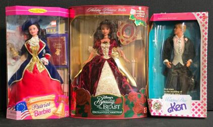 Collector Dolls: Patriot Barbie 17392, Holiday Princess Belle 16710, Wedding Day Ken 4609 NRFB