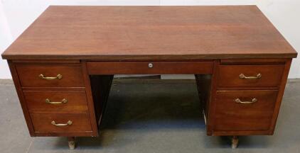 Mid-Century Executive Wood Office Desk, 7 Drawers, Removable Legs, Chair Included